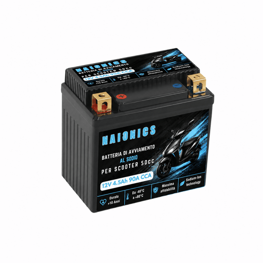 Batteria al Sodio per avviamento per Scooter motorini ape 50cc Naionics 12V 4.5Ah 90A CCA Series NAM12N7-M5