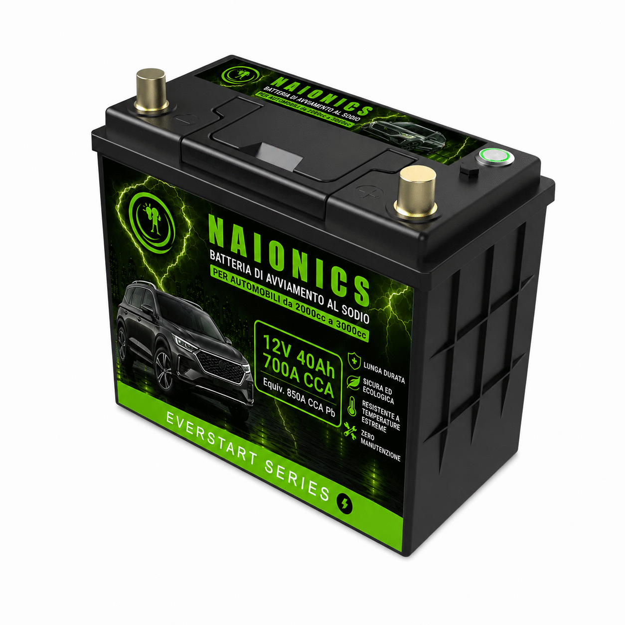 Batteria al Sodio per avviamento Auto da 2000cc a 3000cc Naionics 12V 40Ah 750A CCA 238x133x222mm - EverStart Series NA12040001A1