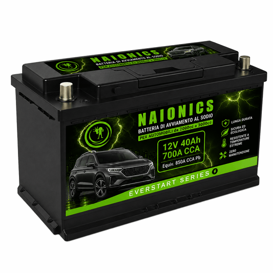 Batteria al Sodio per avviamento Auto da 2000cc a 3000cc Naionics 12V 40Ah 750A CCA 318x176x187mm - EverStart Series NA12040001A3
