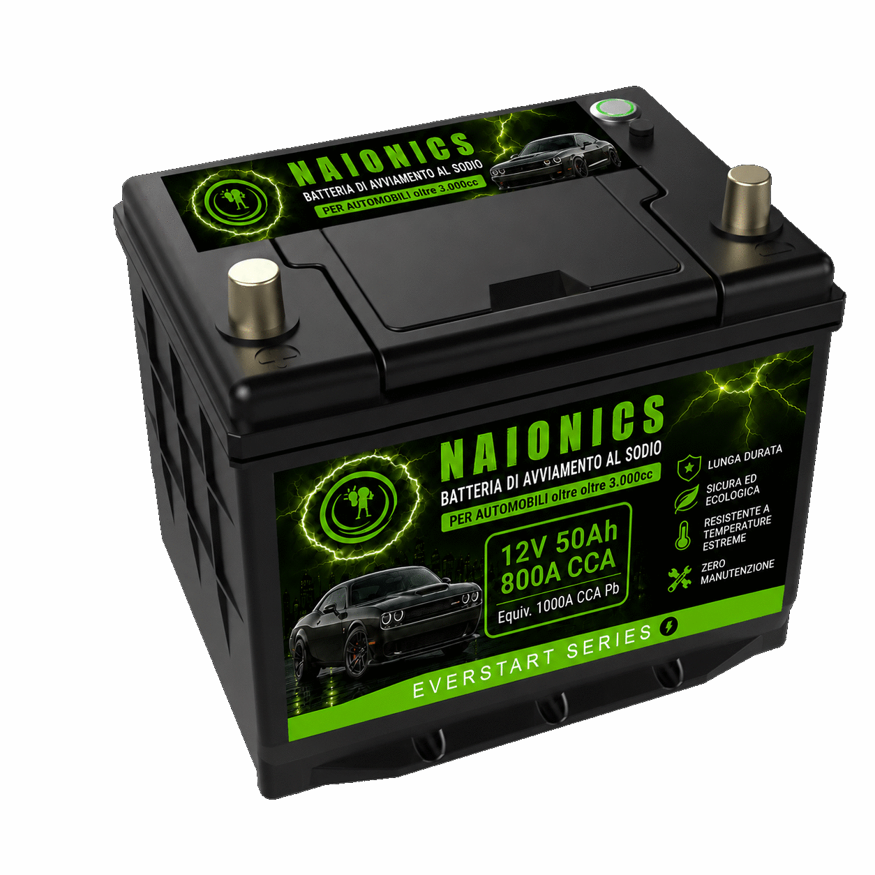 Batteria al Sodio per avviamento Auto oltre 3000cc Naionics 12V 50Ah 800A CCA 278x172x175mm - EverStart Series NA12050001A2