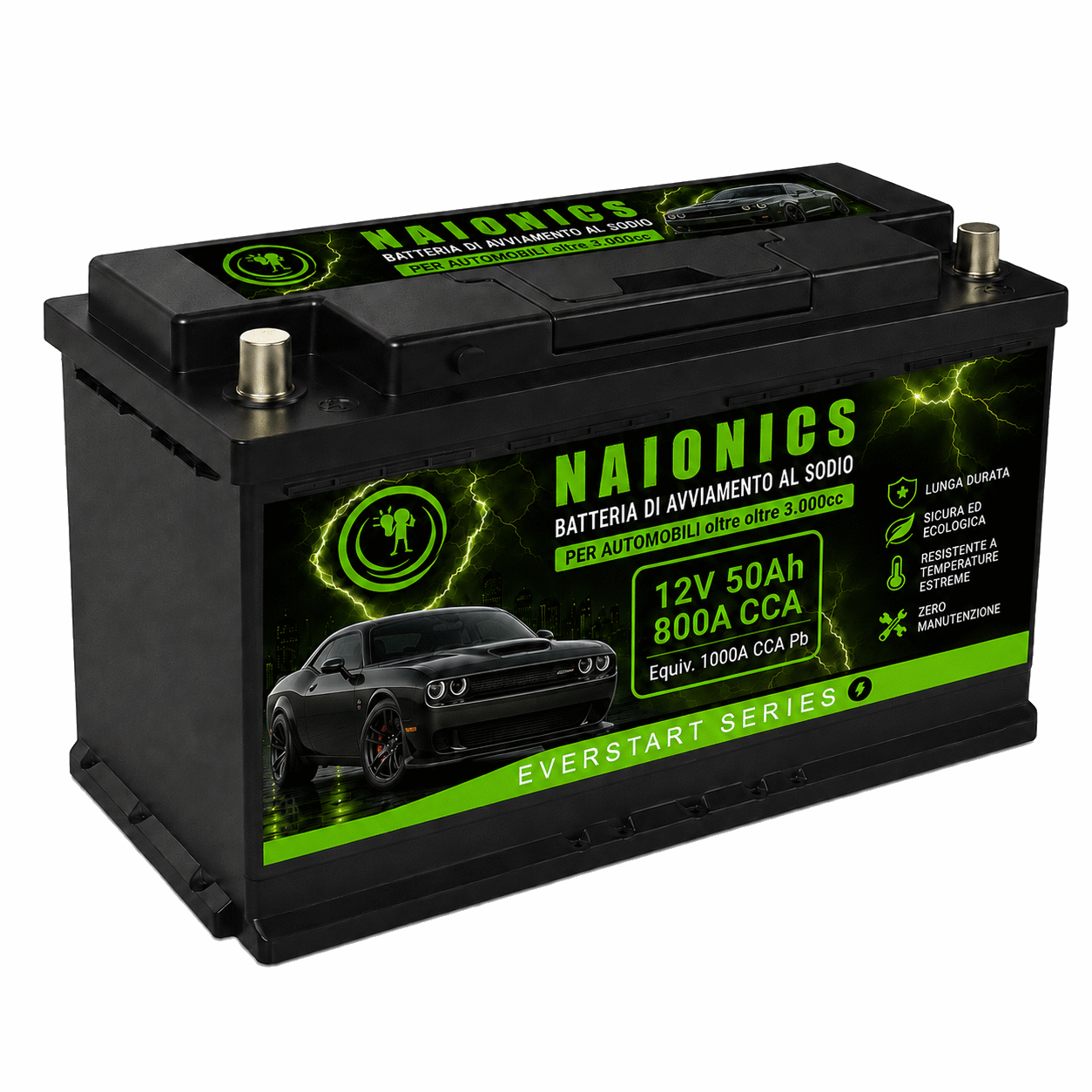 Batteria al Sodio per avviamento Auto oltre 3000cc Naionics 12V 50Ah 800A CCA 318x176x187mm - EverStart Series NA12050001A3