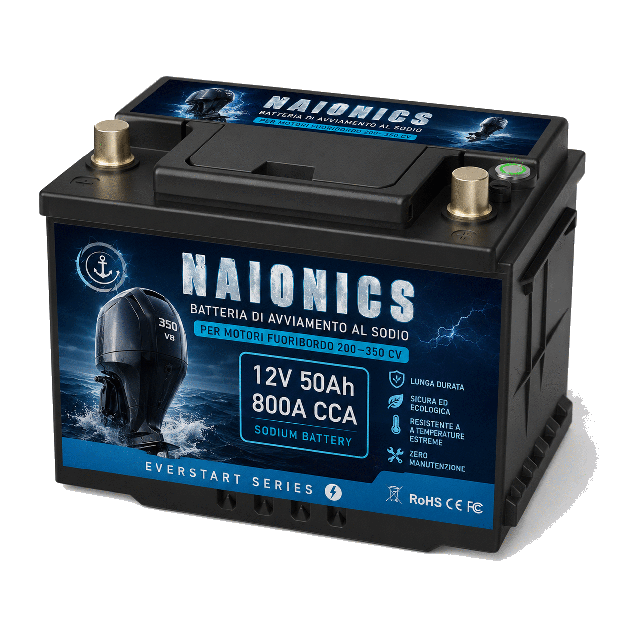 Batteria al Sodio per avviamento Motori fuoribordo da 200 a 350 CV Naionics 12V 50Ah 800A CCA 244x176x188mm - EverStart Series NA12050N3 nautica