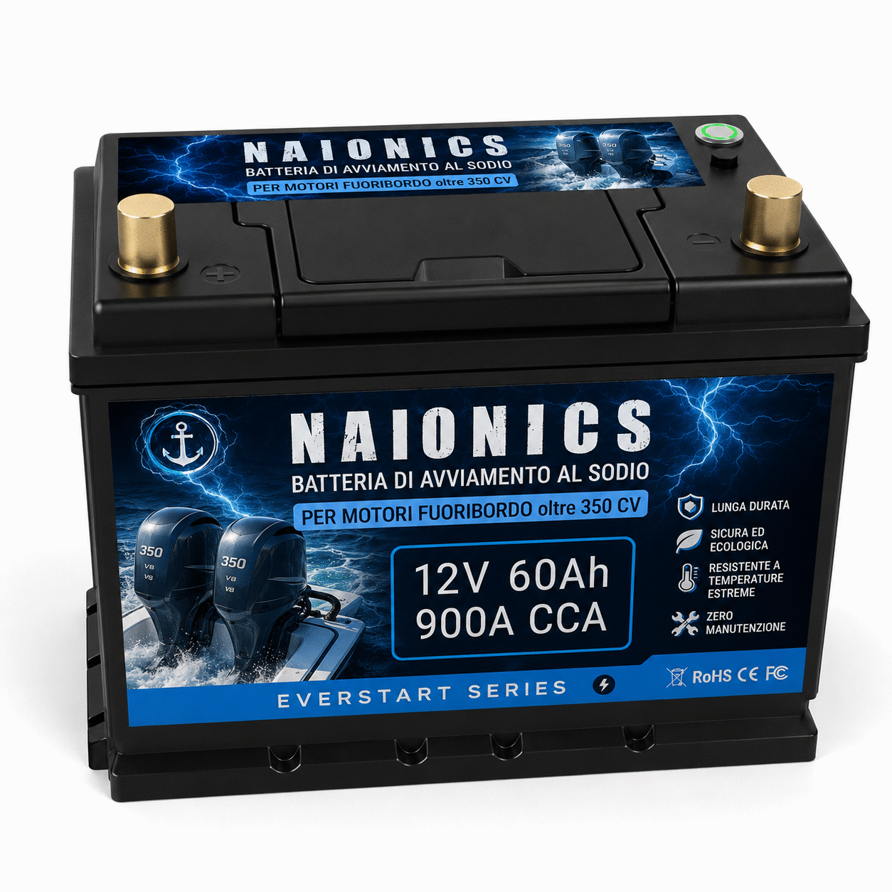 Batteria al Sodio per avviamento Motori fuoribordo oltre 350 CV Naionics 12V 60Ah 900A CCA 278x172x175mm - EverStart Series NA12050N4 nautica