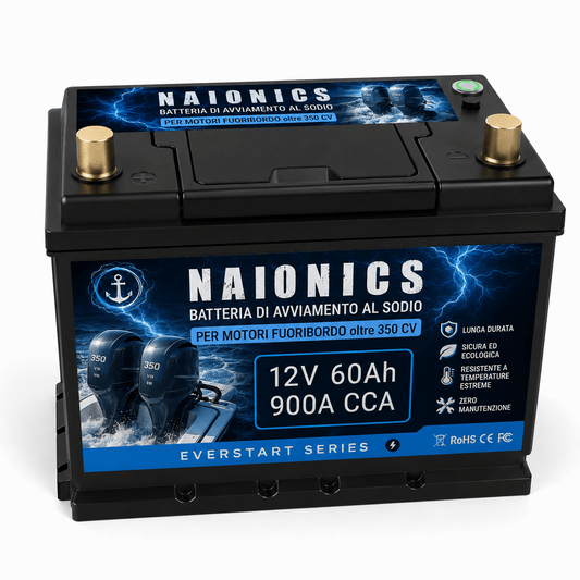 Batteria al Sodio per avviamento Motori fuoribordo oltre 350 CV Naionics 12V 60Ah 900A CCA 278x172x175mm - EverStart Series NA12050N4 nautica