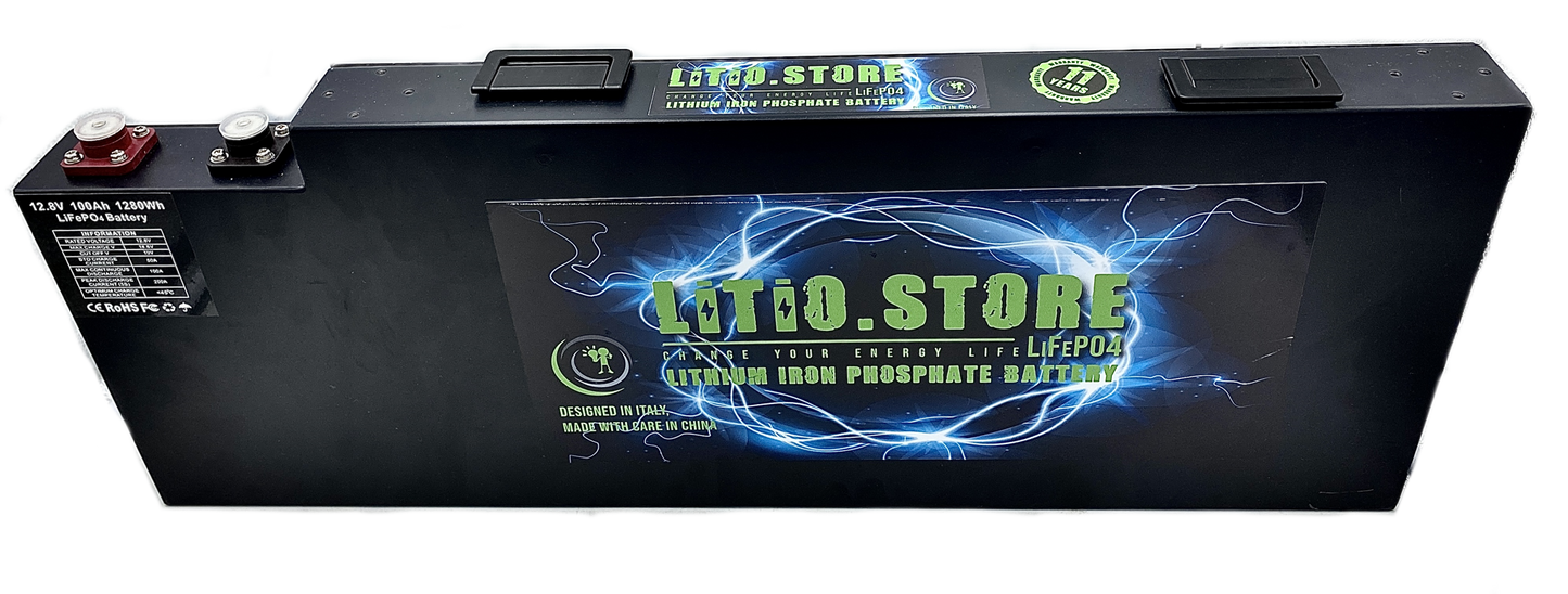 Batteria LiFePO4 12V 100Ah Litio Store LFP 100A BMS 1280Wh - Larghezza 6cm - Serie Ultraslim