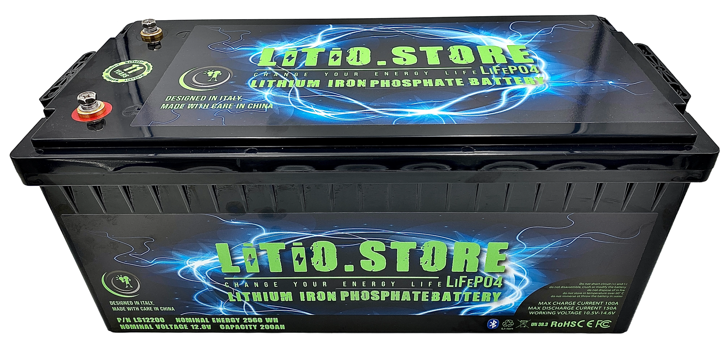 Batteria LiFePO4 12V 200Ah Bluetooth Litio Store LFP 150A BMS 2560Wh