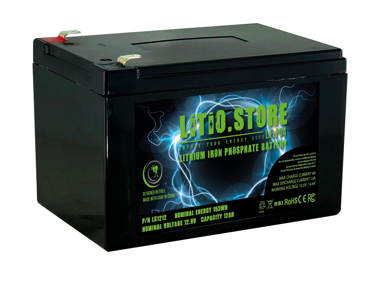 Batteria LiFePO4 12V 12Ah litio-ferro-fosfato 12A BMS 153Wh