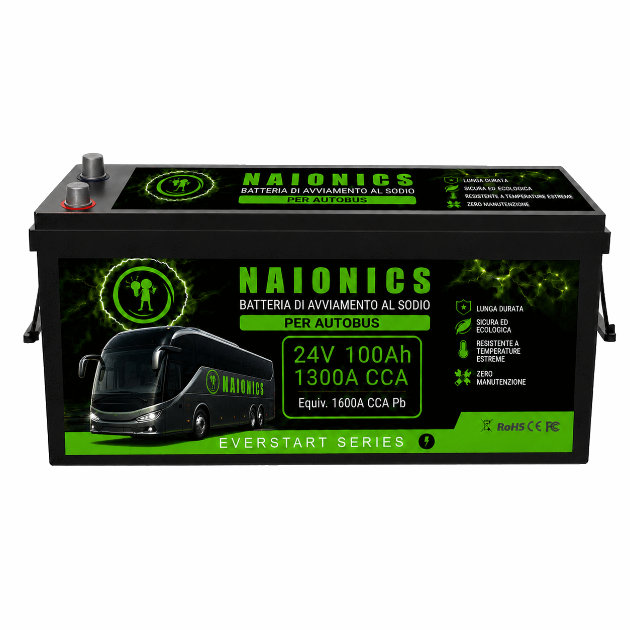 Batteria al Sodio per avviamento Autobus Naionics 24V 100Ah 1300A CCA Bluetooth 525x240x220mm - EverStart Series NA24100001A5