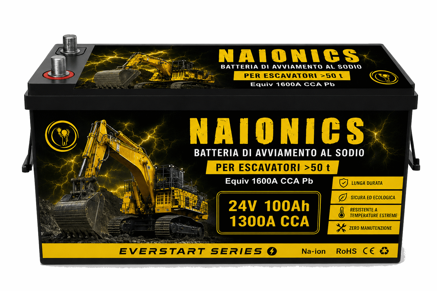 Batteria al Sodio per avviamento Escavatori oltre 50 t ton Naionics 24V 100Ah 1300A CCA Bluetooth 525x240x220mm - EverStart Series NA24100E5