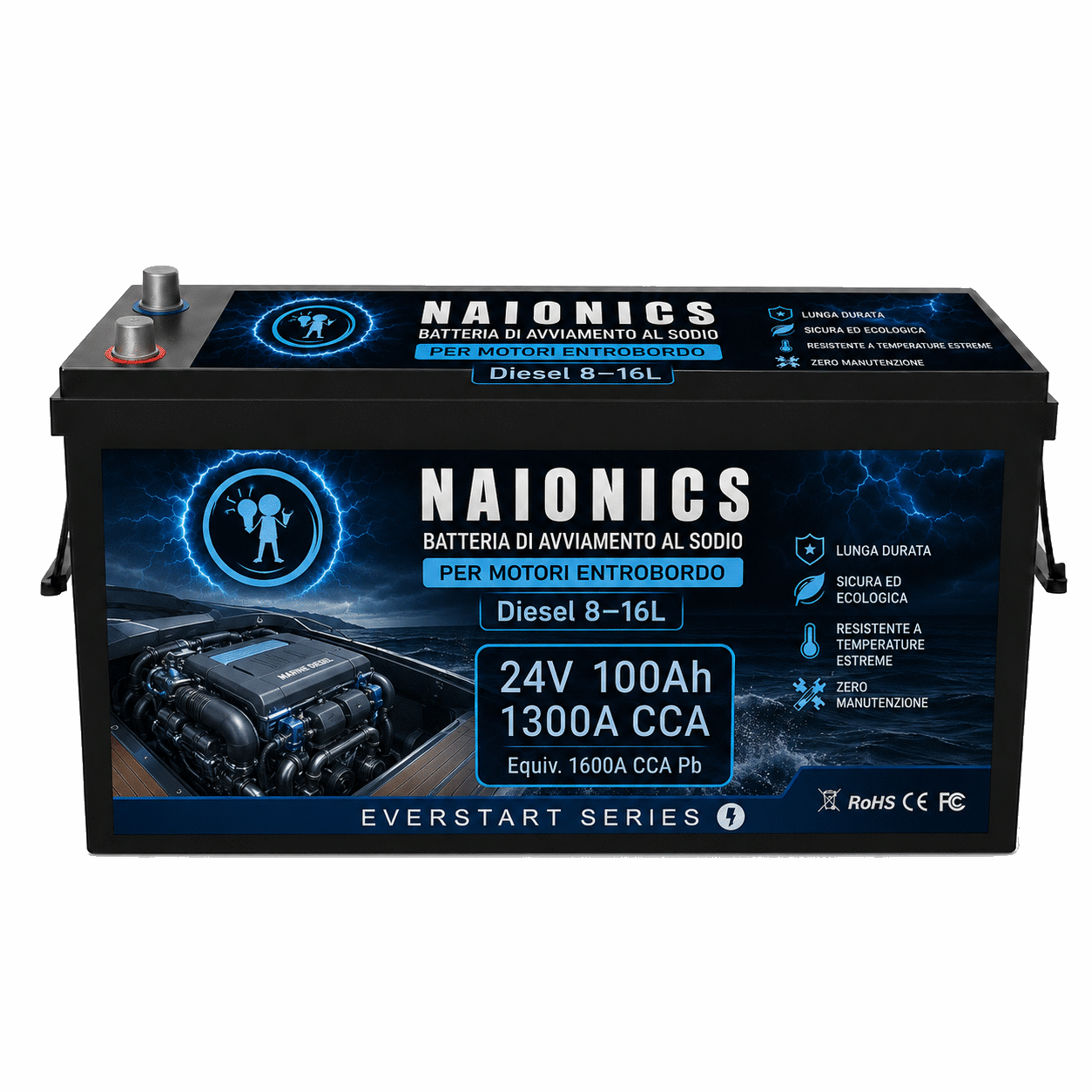 Batteria al Sodio per avviamento Motori Entrobordo diesel da 8L a 16L Naionics 24V 100Ah 1300A CCA Bluetooth 525x240x220mm - EverStart Series NA24100N6