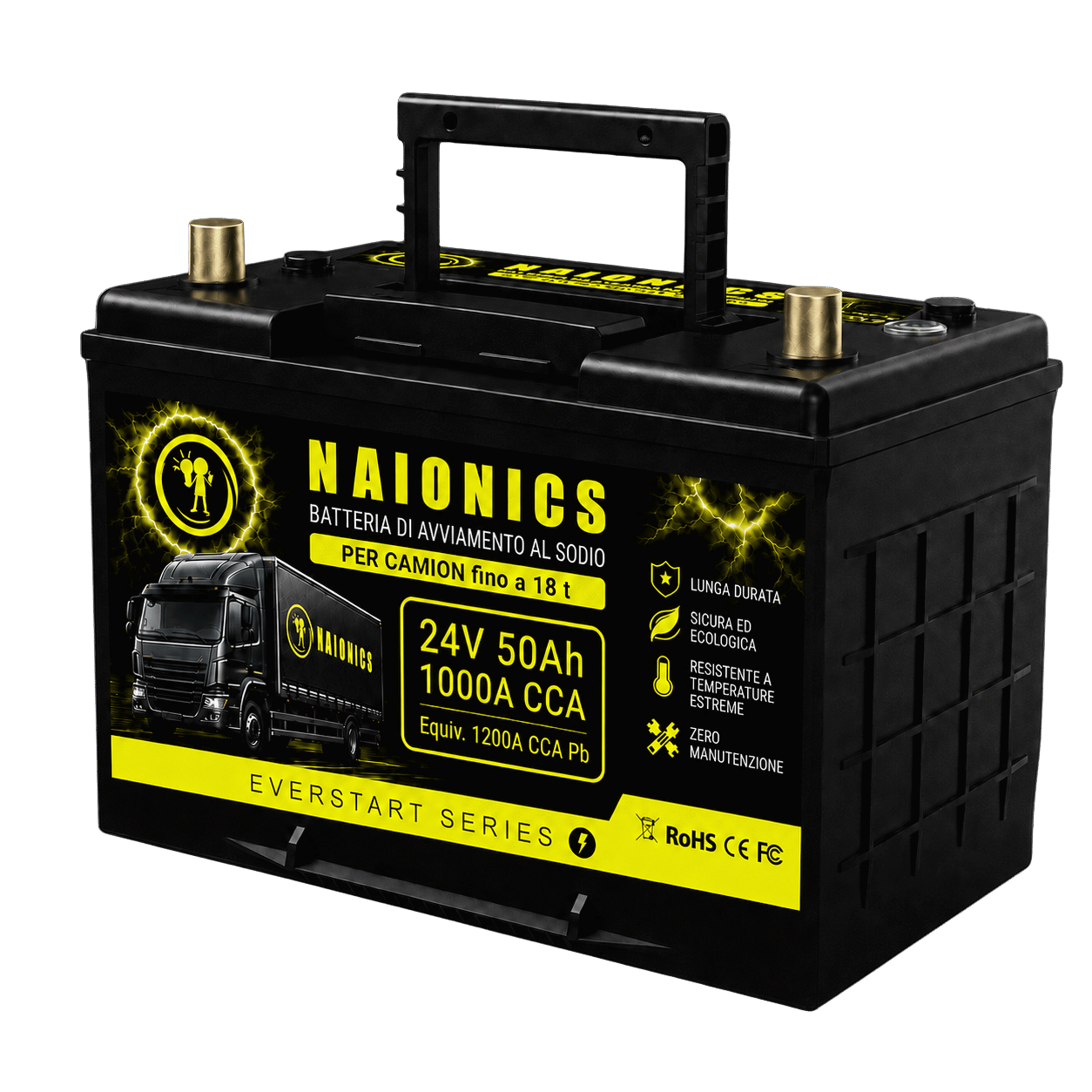 Batteria al Sodio per avviamento Camion fino a 18 t Naionics 24V 50Ah 800A CCA Bluetooth 306x174x222mm - EverStart Series NA24050001A1