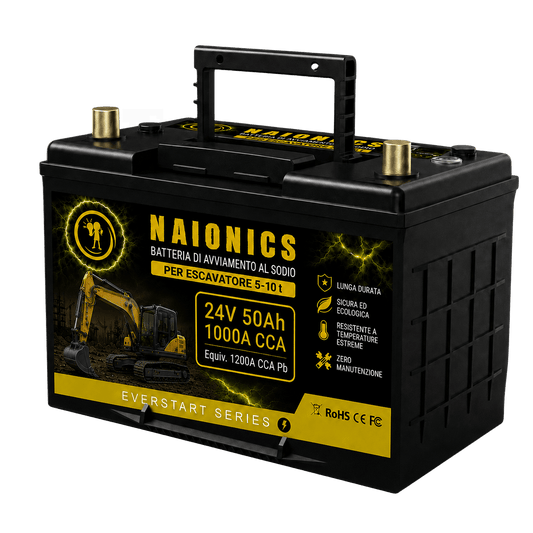 Batteria al Sodio per avviamento Escavatori da 5 a 10 t ton Naionics 24V 50Ah 800A CCA Bluetooth 306x174x222mm - EverStart Series NA24050E3