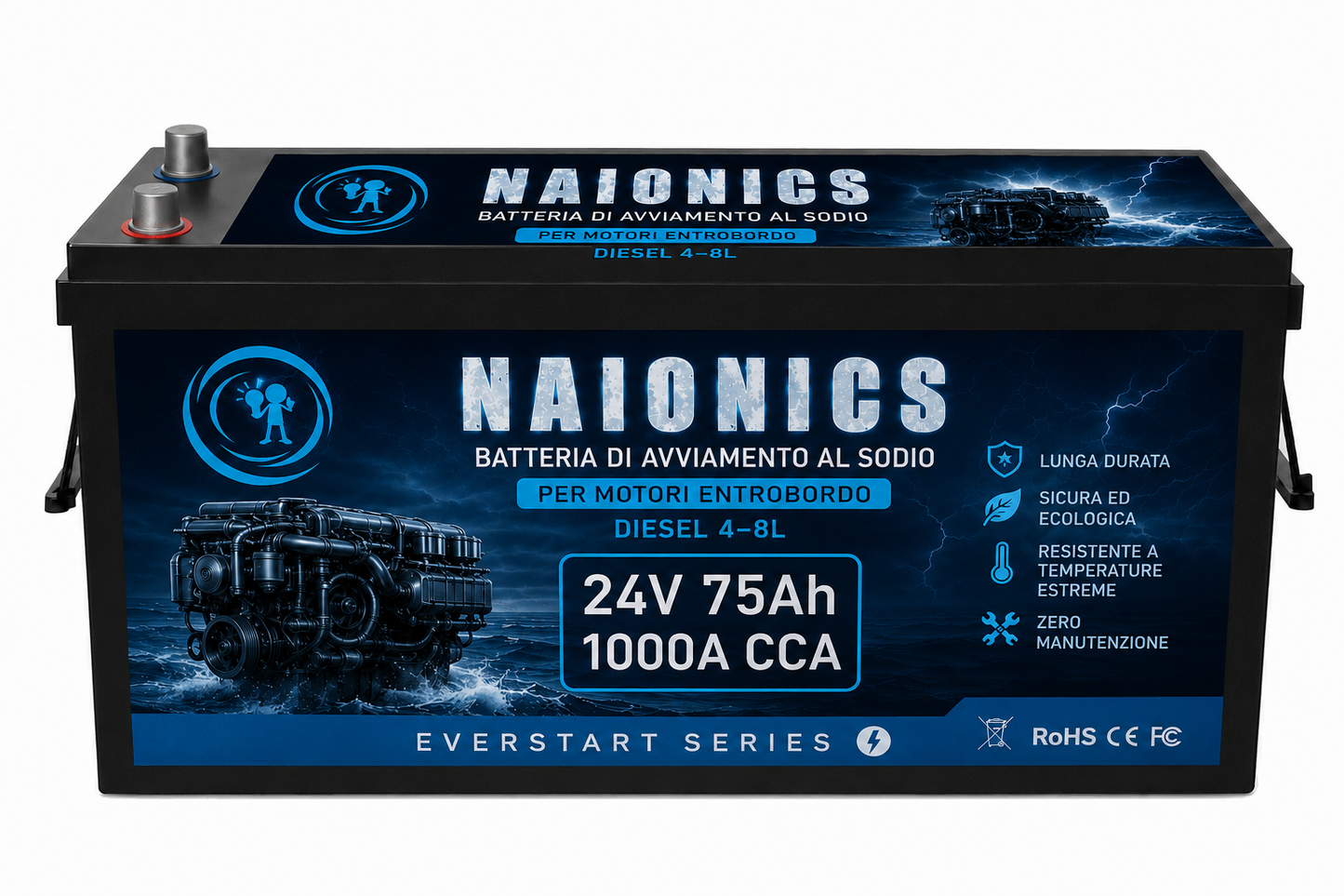 Batteria al Sodio per avviamento Motori Entrobordo diesel da 4L a 8L Naionics 24V 75Ah 1000A CCA Bluetooth 525x240x220mm - EverStart Series NA24075N5