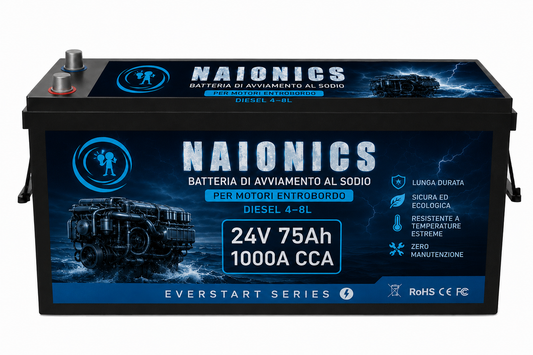 Batteria al Sodio per avviamento Motori Entrobordo diesel da 4L a 8L Naionics 24V 75Ah 1000A CCA Bluetooth 525x240x220mm - EverStart Series NA24075N5