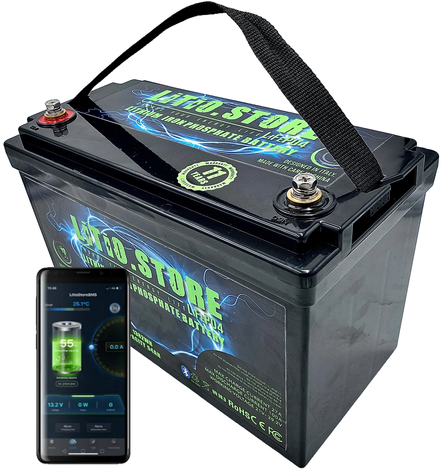 Batterie LiFePO4 24V 54Ah Bluetooth Litio Store LFP 100A BMS 1382Wh