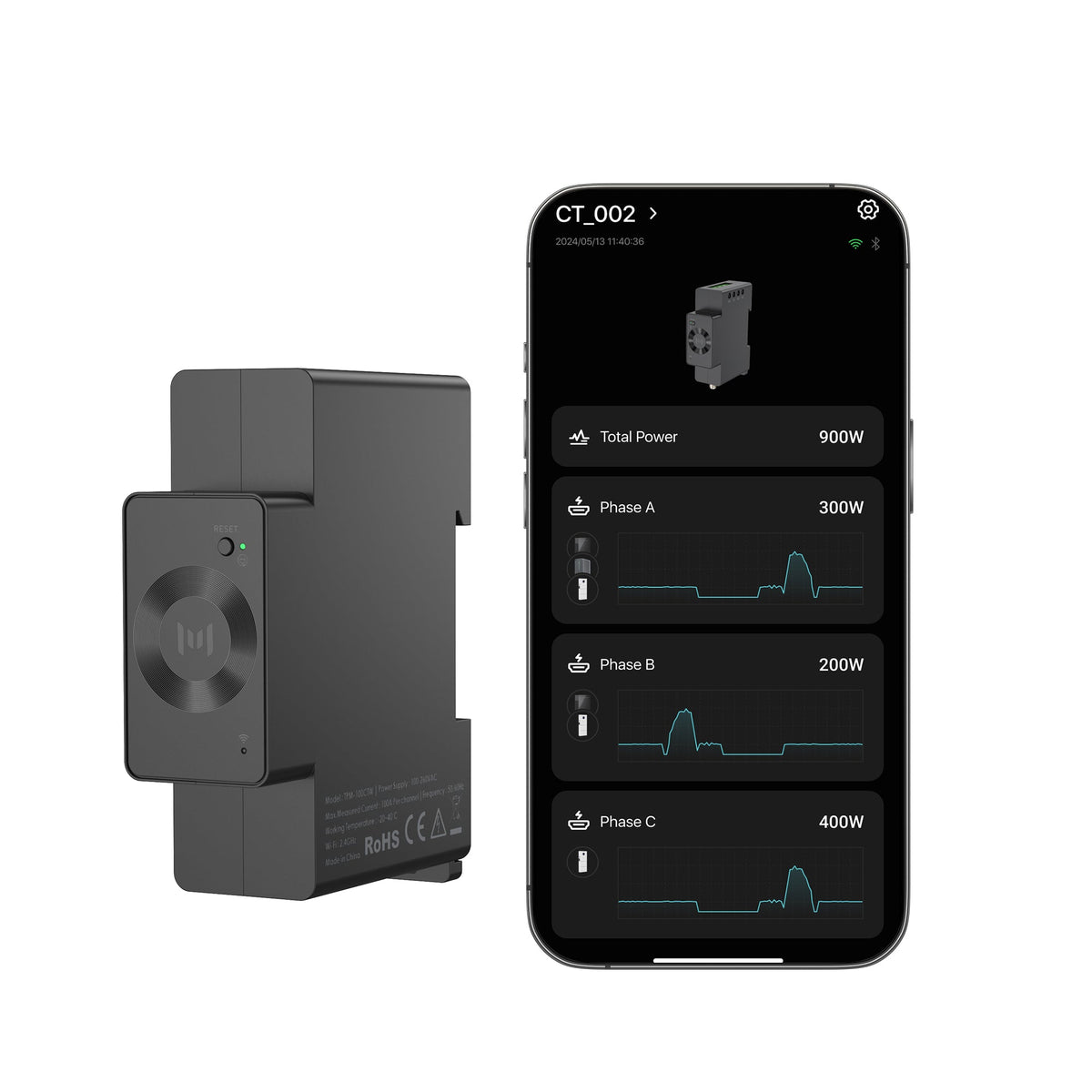 Smart meter trifase Marstek CT002 100 A su guida DIN con WiFi e Bluetooth