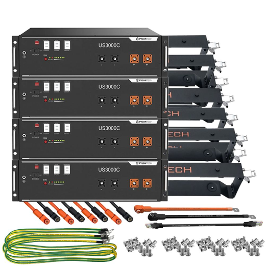 Kit Accumulo Pylontech 14kWh 48V LiFePO4 4x US3000C con Staffe e Cavi Inverter
