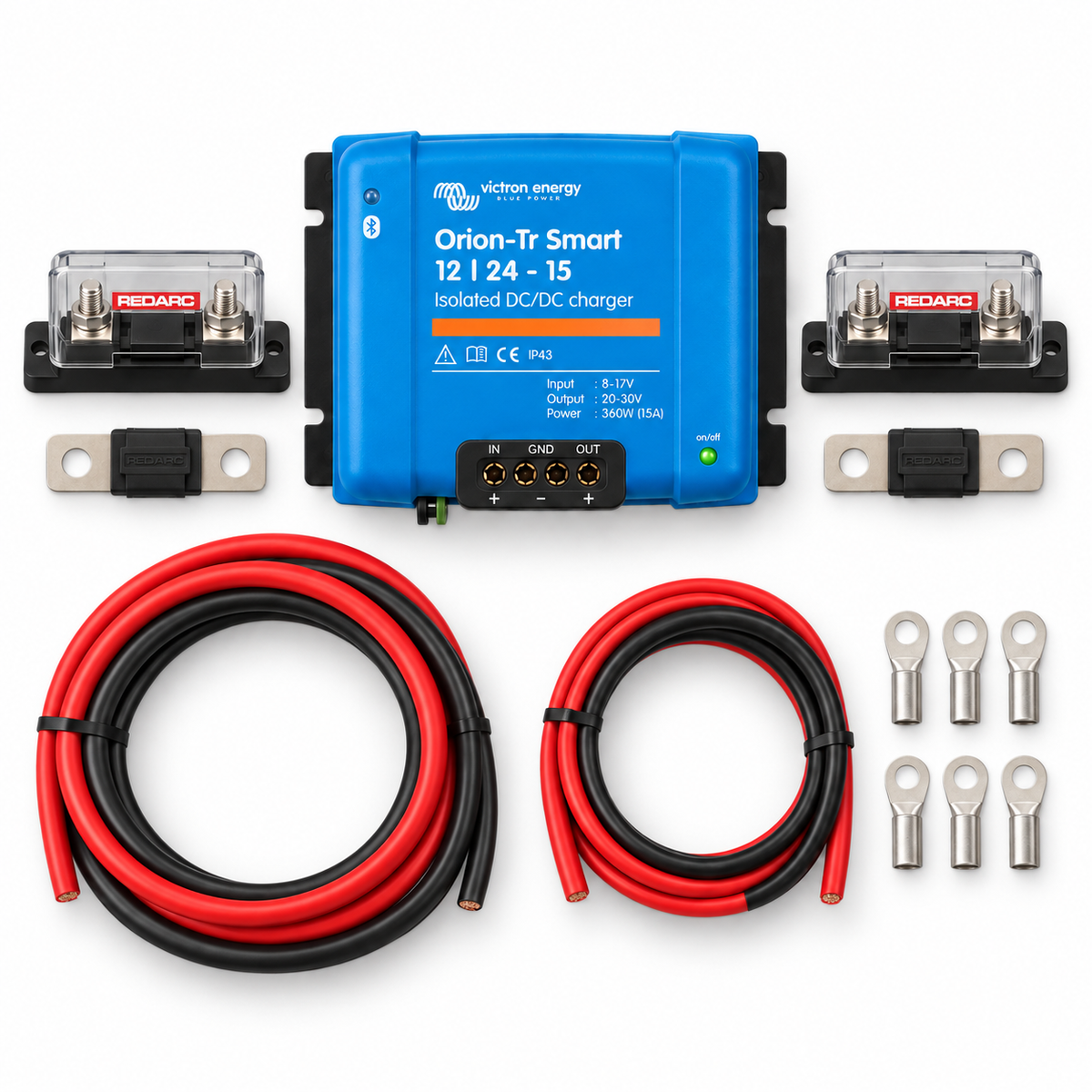 Kit DC-DC charger 12V-24V 15A alternatori 12V e batteria servizi 24V per camper barca