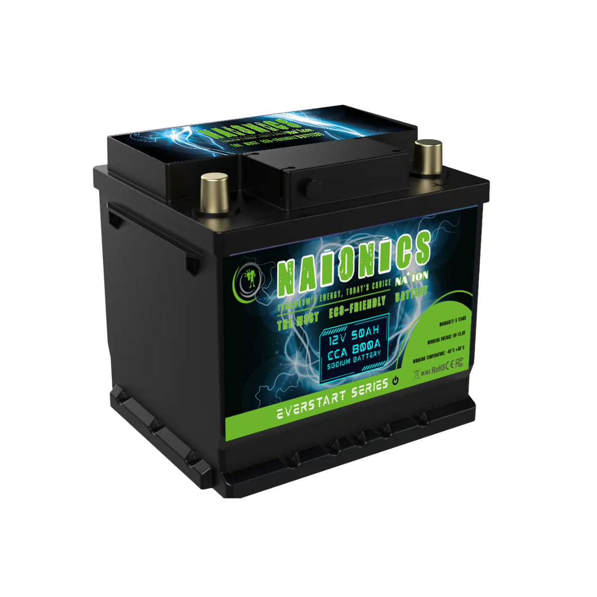 Naionics 12V 50Ah 800 CCA Bluetooth - Batteria al Sodio per avviamento Auto EverStart Series NA1205001SB
