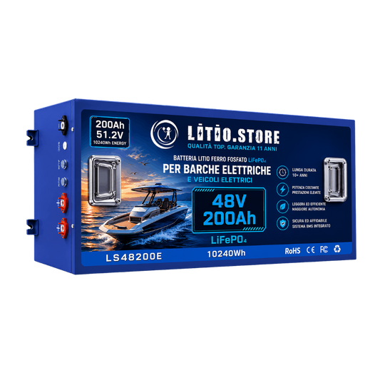 Batteria LiFePO4 48V 200Ah litio-ferro-fosfato 200A BMS 10240Wh 10kWh per Barche elettriche - Golf Cars - Litio Store Serie EVS LS48200E