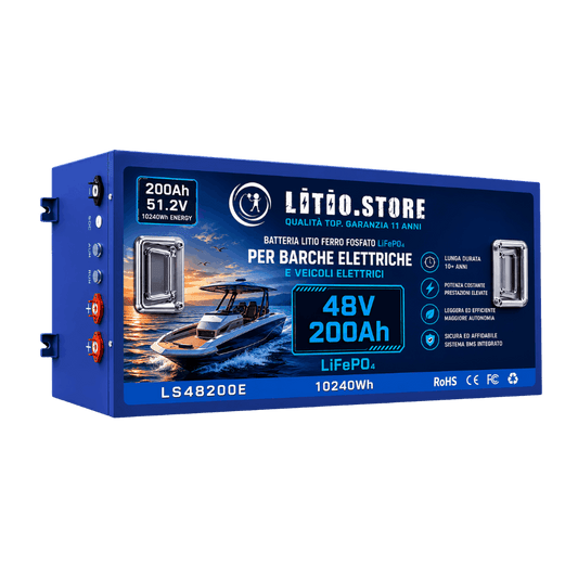 Batteria LiFePO4 48V 200Ah litio-ferro-fosfato 200A BMS 10240Wh 10kWh per Barche elettriche - Golf Cars - Litio Store Serie EVS LS48200E