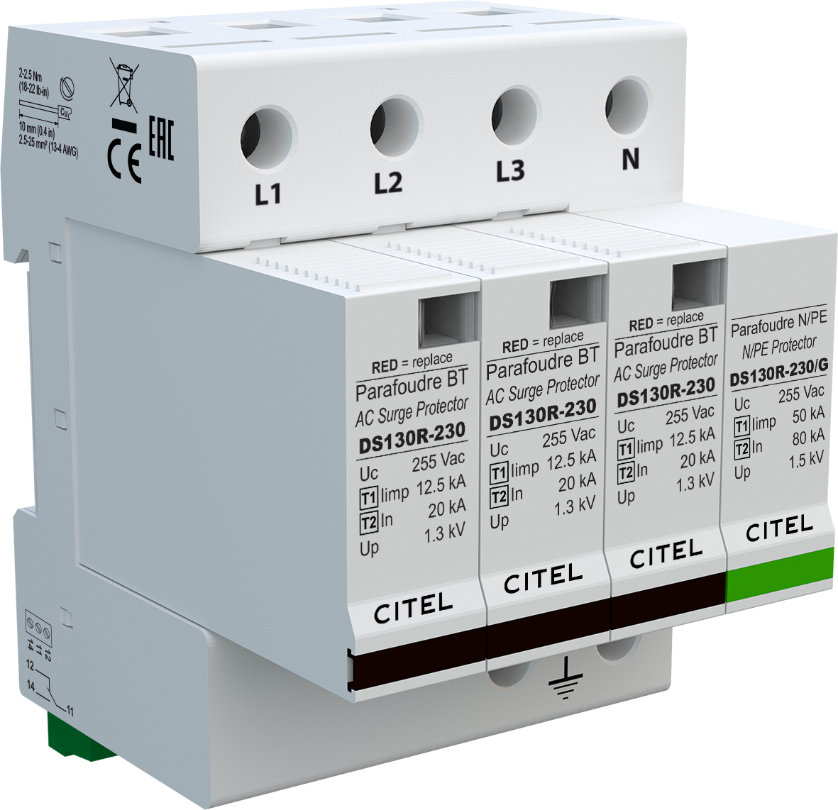 Scaricatore di Sovratensione Citel AC Tipo 1+2 4 Poli (DS134RS-230/G)