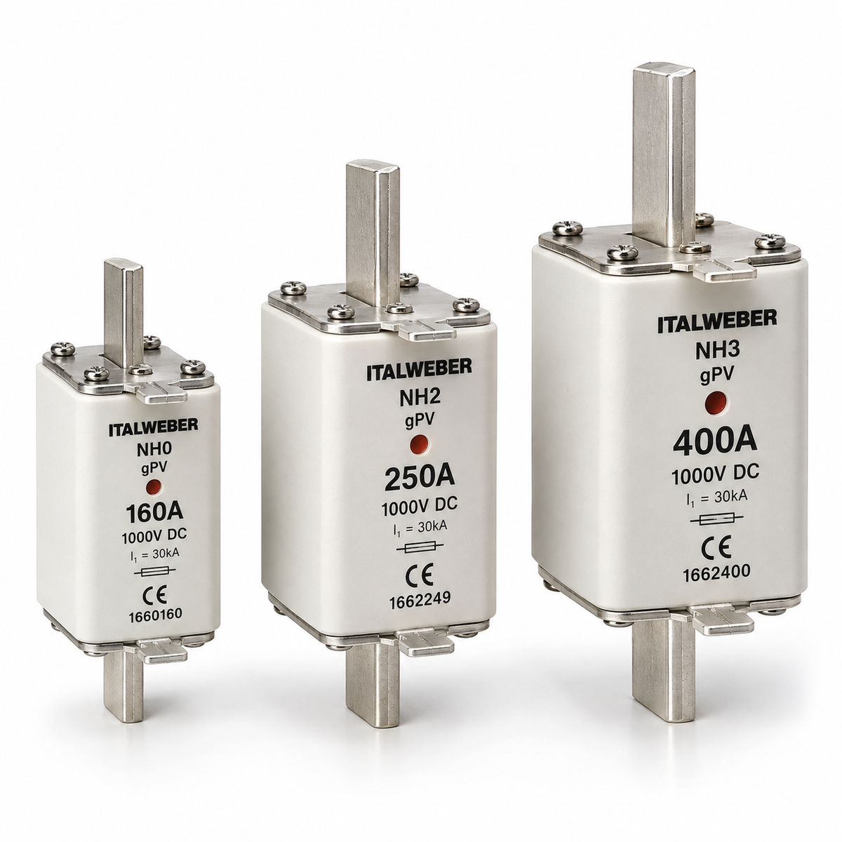 Fusibili NH gPV 1000V CC Italweber nelle taglie NH0 160A, NH2 250A e NH3 400A