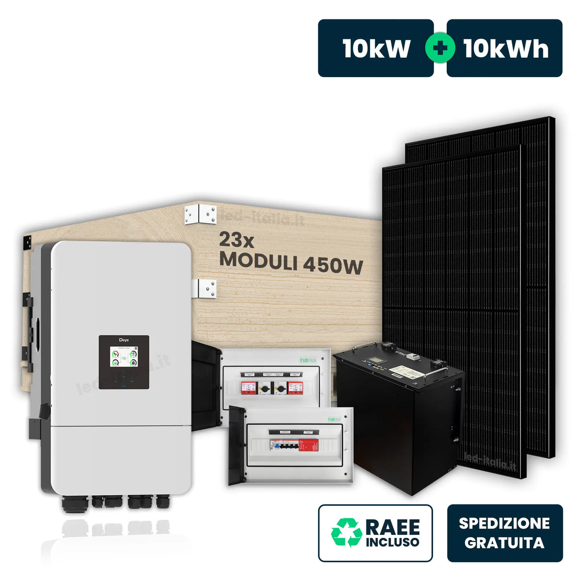 Kit fotovoltaico trifase Deye 10 kW con accumulo 9,6 kWh e 23 pannelli 450 W