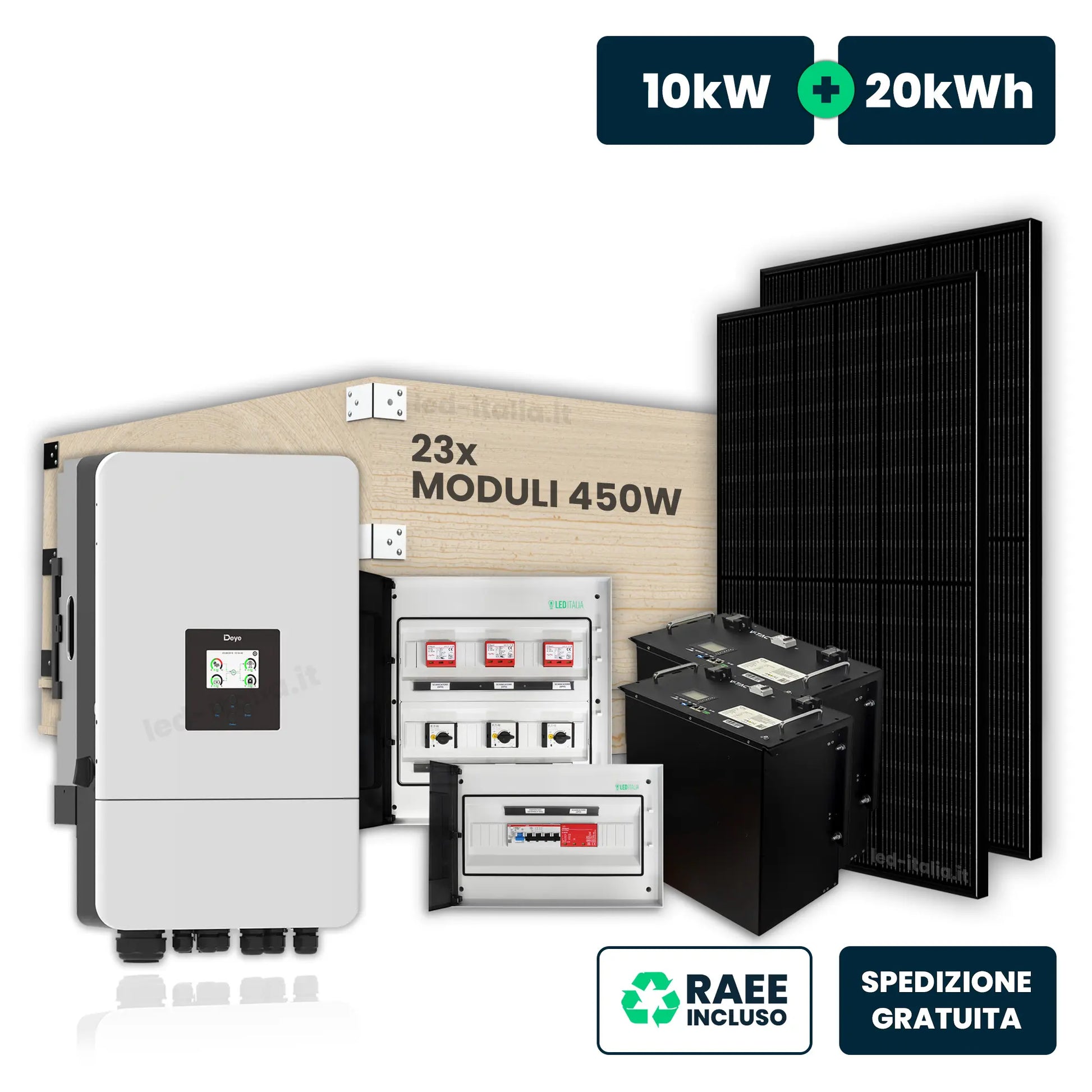 Kit fotovoltaico trifase Deye 10 kW con accumulo 19,2 kWh e 23 pannelli 450 W