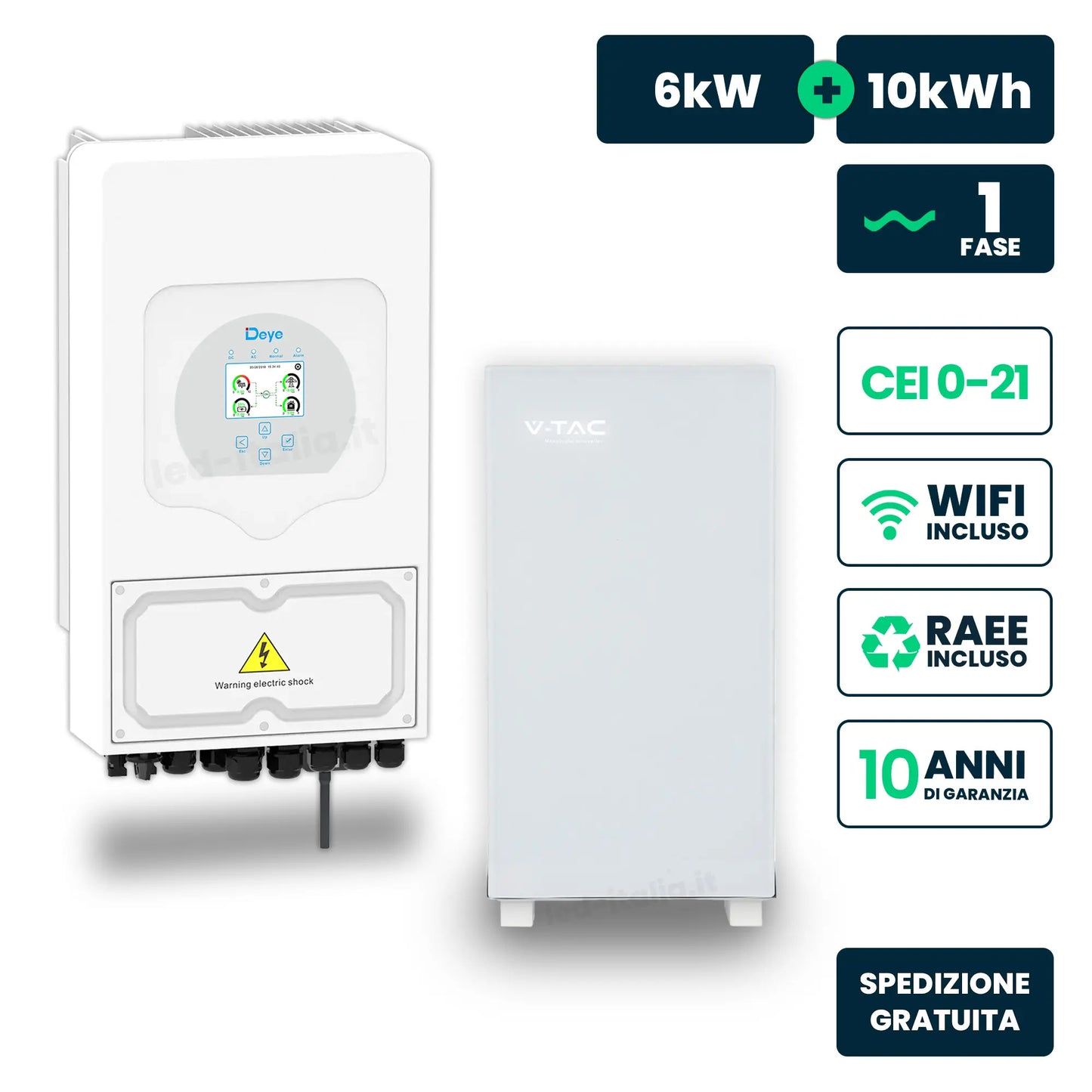 Kit inverter ibrido Deye 6 kW con accumulo 10,24 kWh bianca