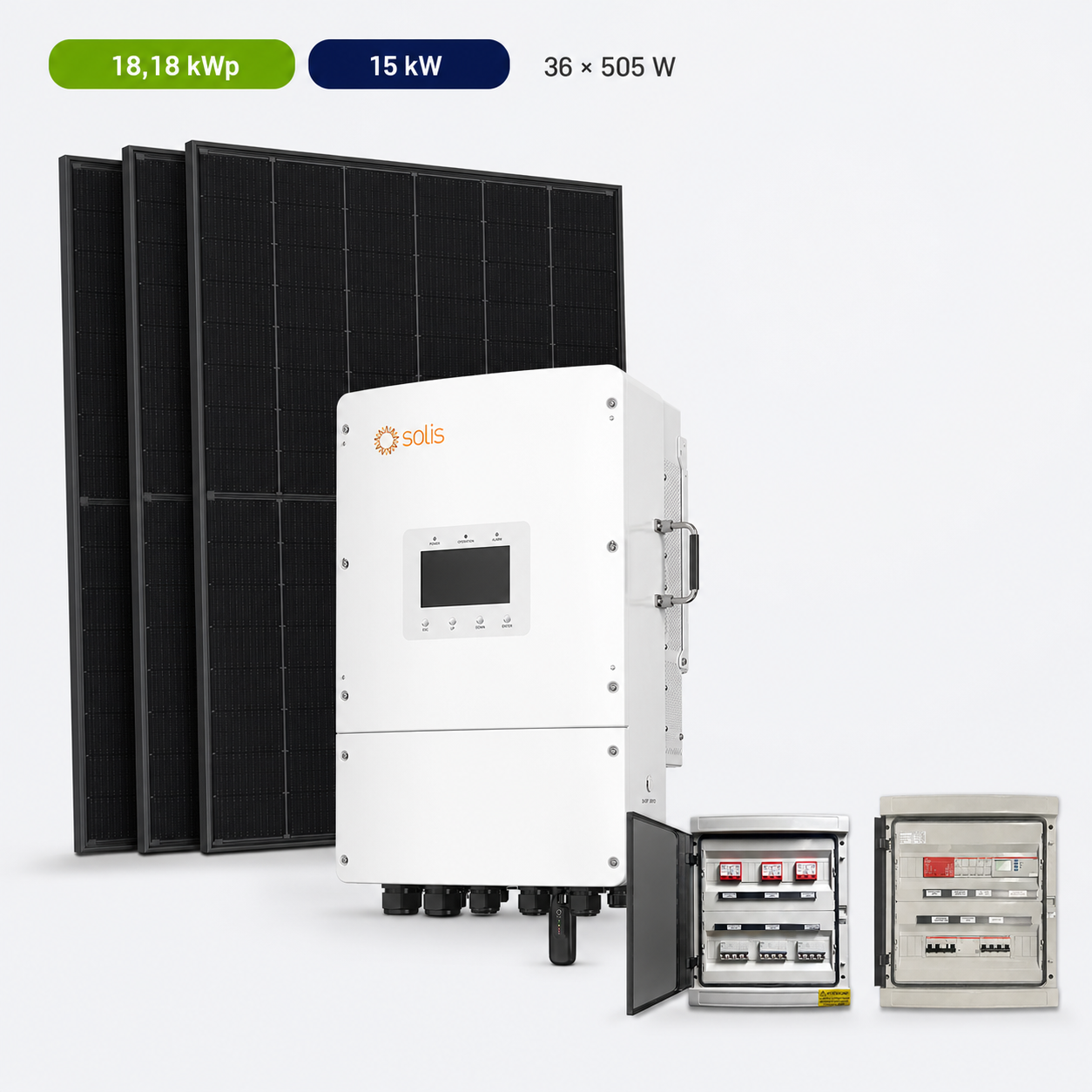 Kit Fotovoltaico Solis 18,18 kWp – Ibrido 15 kW Trifase (Bassa Tensione) Commerciale Industriale