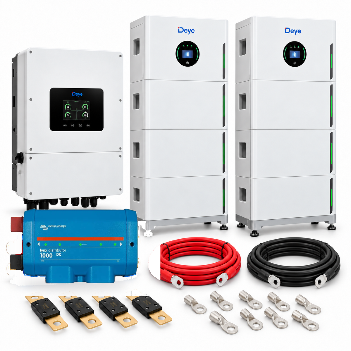 Kit accumulo Deye con 2 batterie SE-F16 Max-H riscaldate e protezioni: busbar Victron Lynx Distributor, fusibili MEGA, cavi e capicorda
