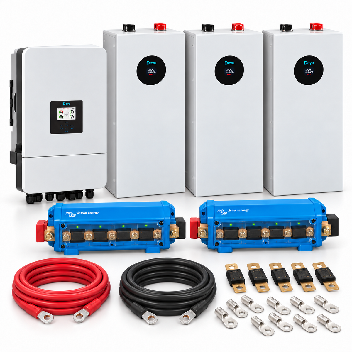 Kit accumulo trifase Deye con 3 batterie SE-F16 Max riscaldate 48kWh, due busbar Victron Lynx Distributor, fusibili MEGA, cavi e capicorda
