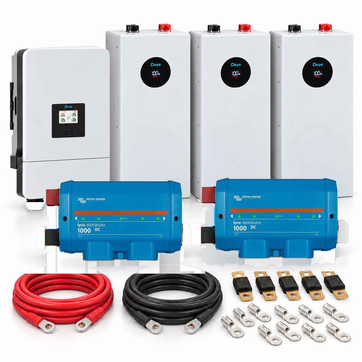 Kit accumulo Deye con 3 batterie SE-F16 Max-H riscaldate e protezioni: due busbar Victron Lynx Distributor, fusibili MEGA, cavi e capicorda
