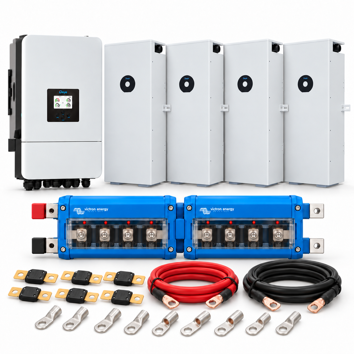 Kit accumulo trifase Deye con 4 batterie SE-F16 Max riscaldate 64kWh, due busbar Victron Lynx Distributor, fusibili MEGA, cavi e capicorda