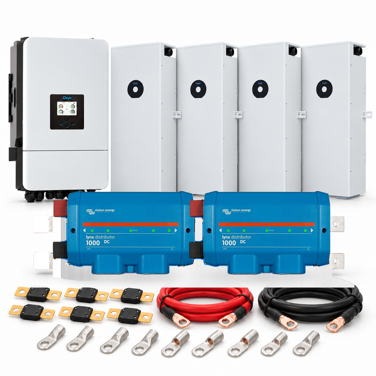 Kit accumulo Deye con 4 batterie SE-F16 Max-H riscaldate e protezioni: due busbar Victron Lynx Distributor, fusibili MEGA, cavi e capicorda