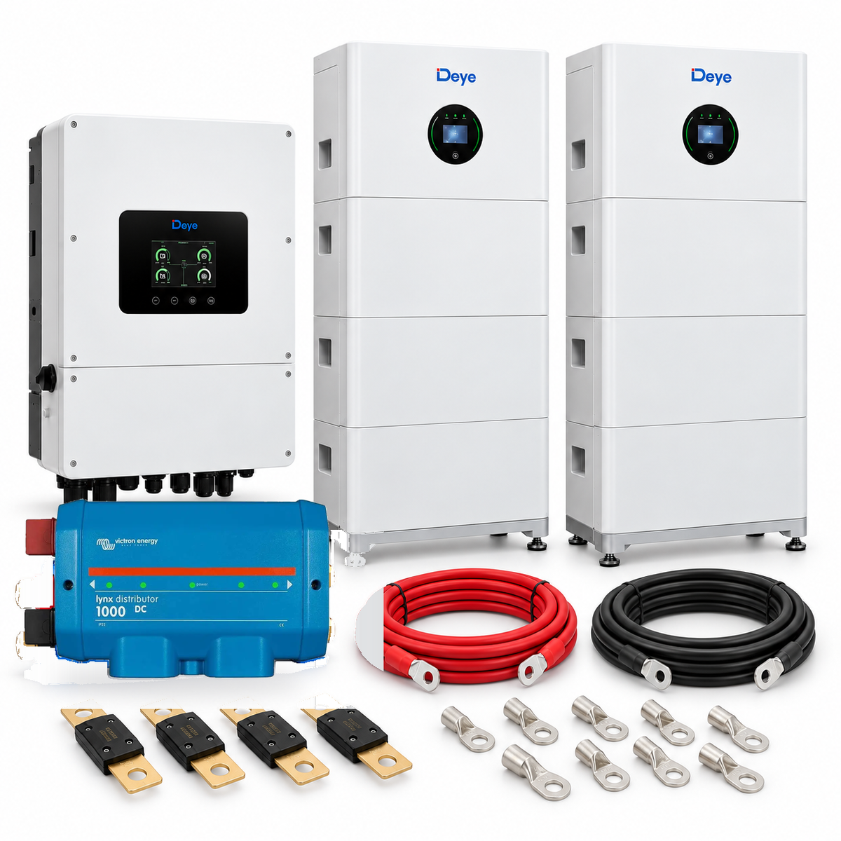 Kit accumulo Deye con 2 batterie SE-F16 Version C e protezioni: busbar Victron Lynx Distributor, fusibili MEGA, cavi e capicorda