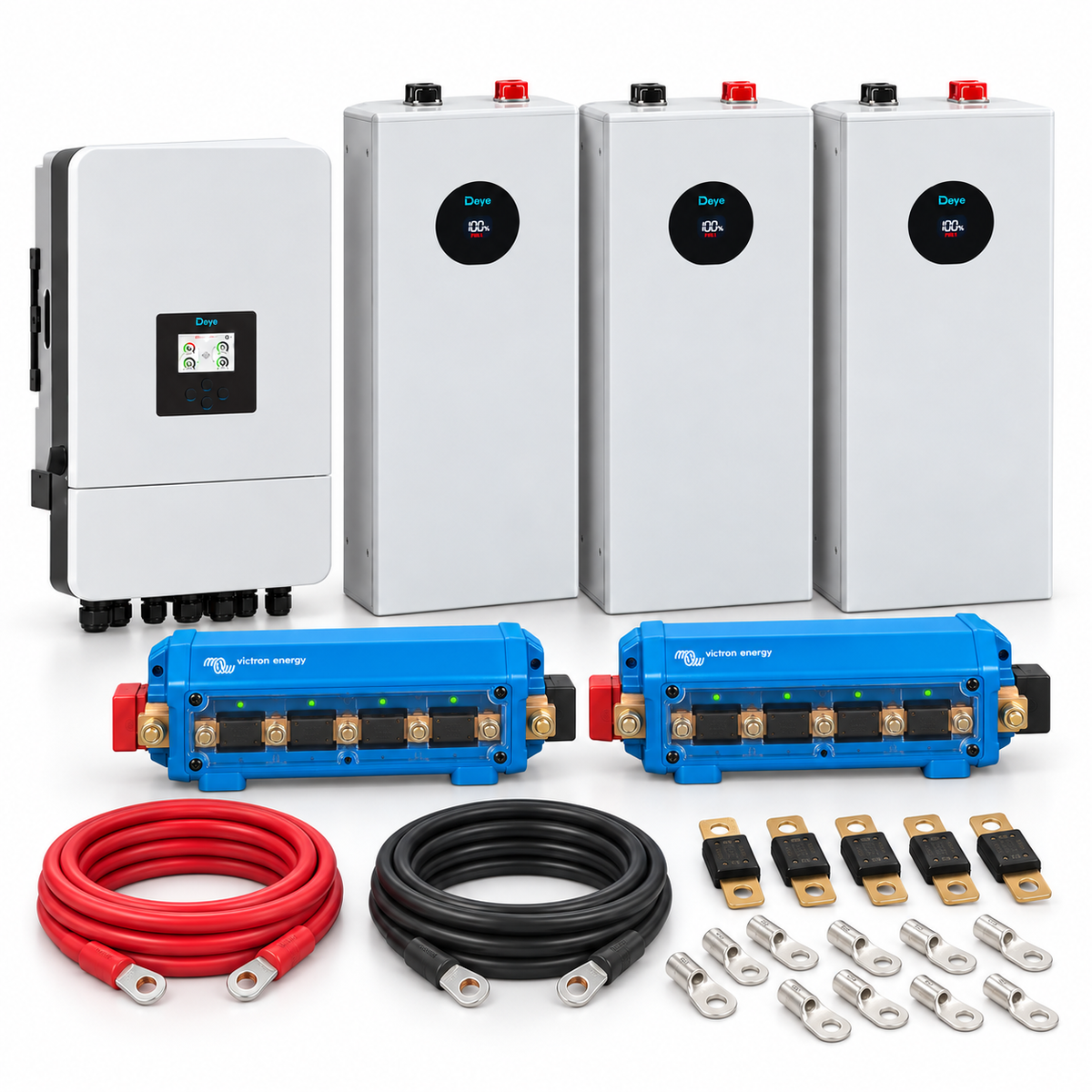 Kit accumulo trifase Deye con 3 batterie SE-F16 Version C 48kWh, due busbar Victron Lynx Distributor, fusibili MEGA, cavi e capicorda