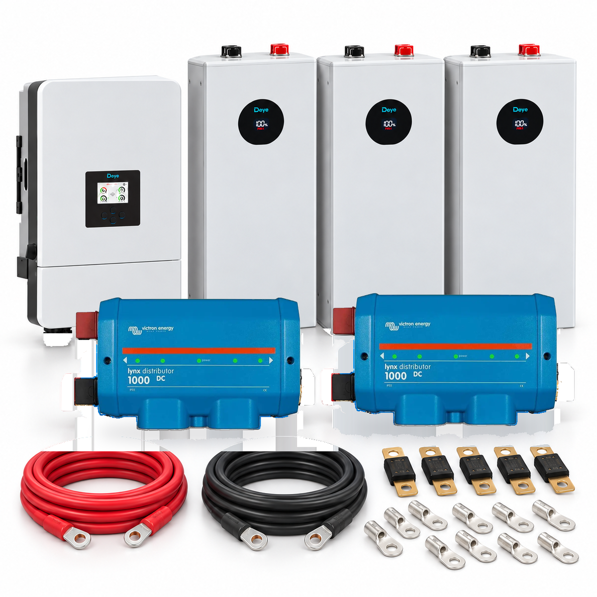 Kit accumulo Deye con 3 batterie SE-F16 Version C e protezioni: due busbar Victron Lynx Distributor, fusibili MEGA, cavi e capicorda
