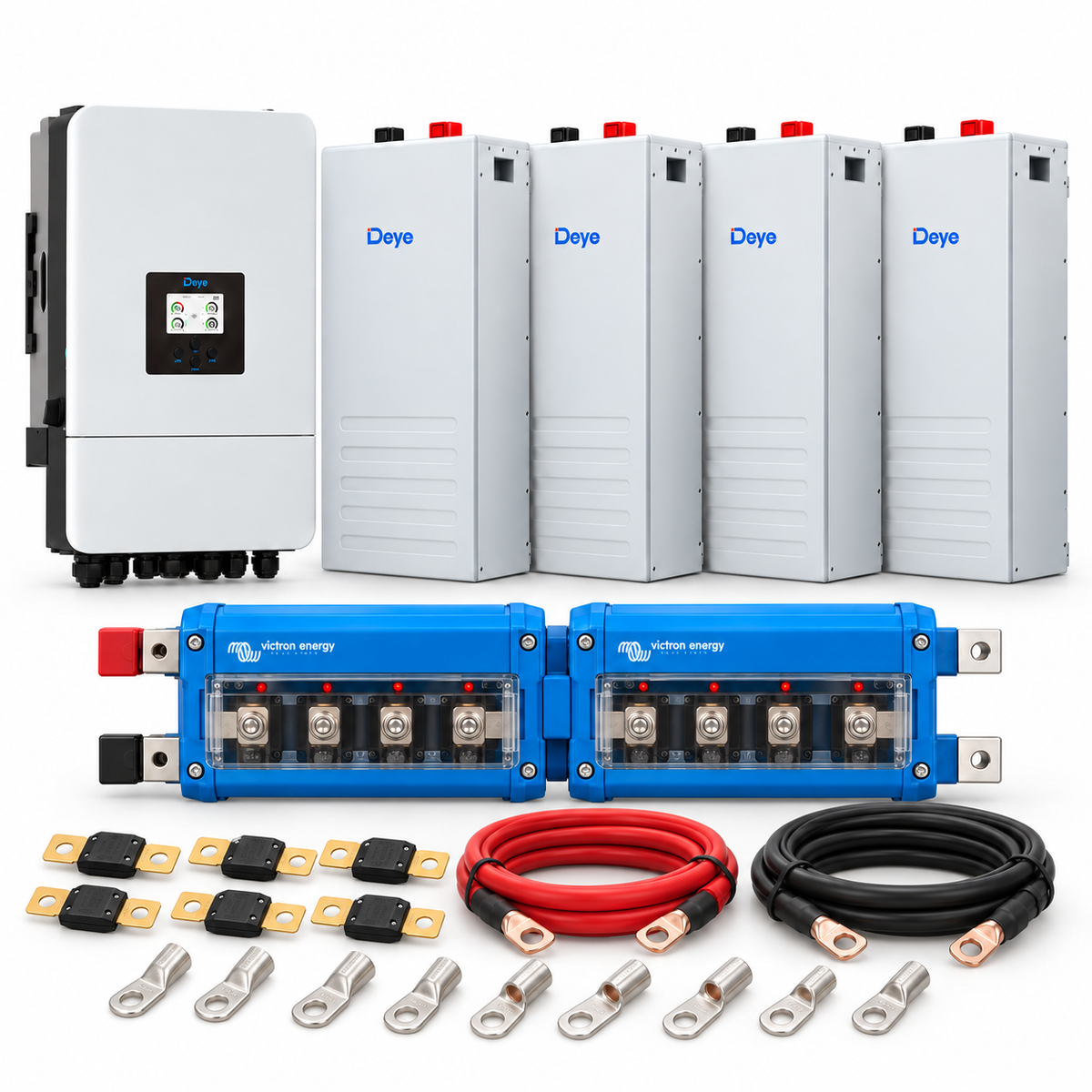 Kit accumulo trifase Deye con 4 batterie SE-F16 Version C 64kWh, due busbar Victron Lynx Distributor, fusibili MEGA, cavi e capicorda