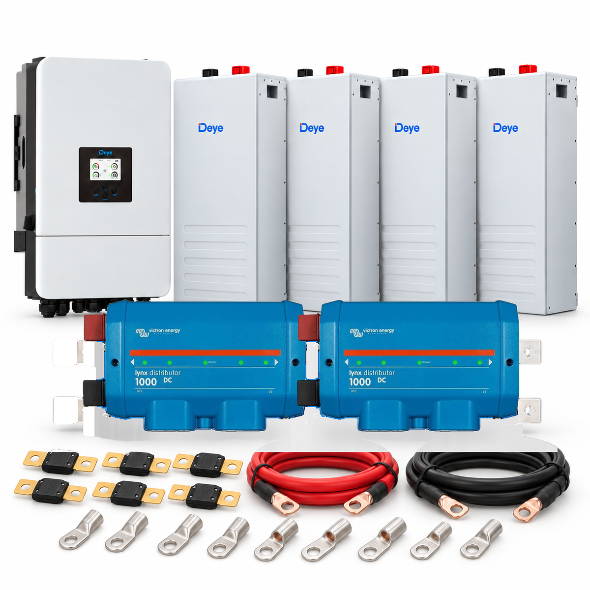 Kit accumulo Deye con 4 batterie SE-F16 Version C e protezioni: due busbar Victron Lynx Distributor, fusibili MEGA, cavi e capicorda