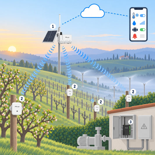 Kit allerta gelate frutteto e vigneto Litio Store: schema di installazione con dispositivi Milesight LoRaWAN