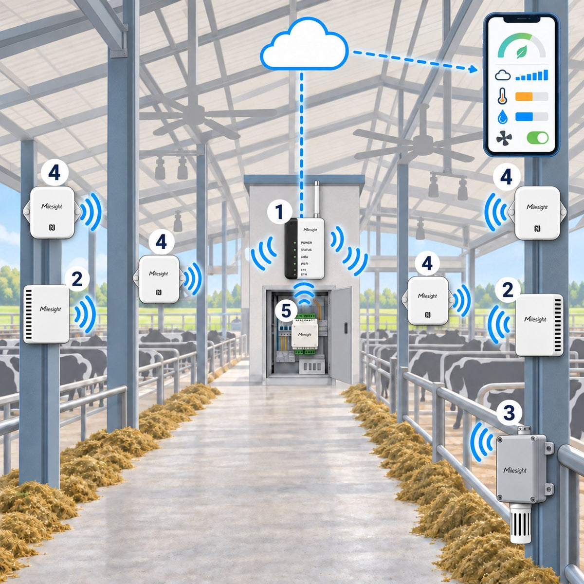 Kit ambiente stalla e ricoveri Litio Store: schema di installazione con dispositivi Milesight LoRaWAN