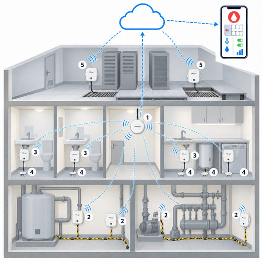 Kit anti-allagamento edificio Litio Store: schema di installazione con dispositivi Milesight LoRaWAN