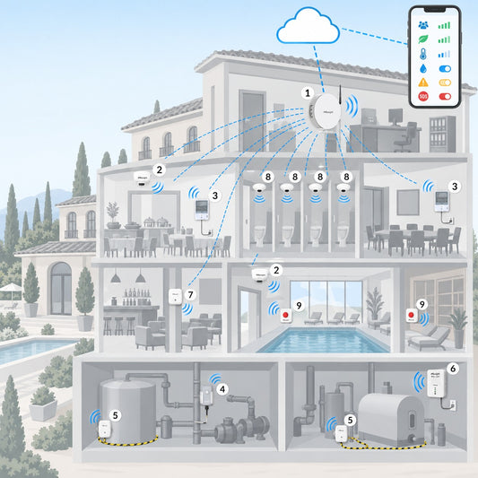 Kit aree comuni, piscina e locali tecnici Litio Store: schema di installazione con dispositivi Milesight LoRaWAN