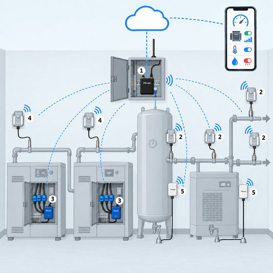 Kit aria compressa e fluidi Litio Store: schema di installazione con dispositivi Milesight LoRaWAN