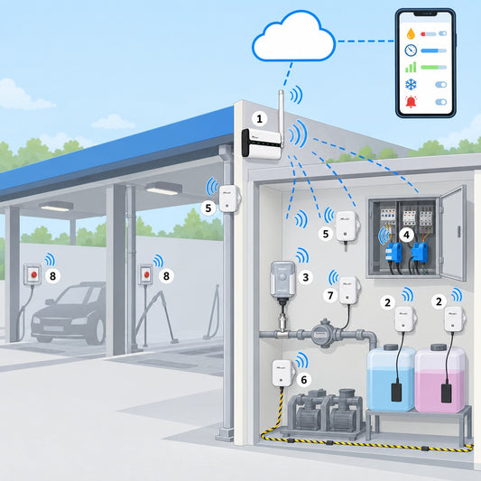 Kit autolavaggio self-service Litio Store: schema di installazione con dispositivi Milesight LoRaWAN