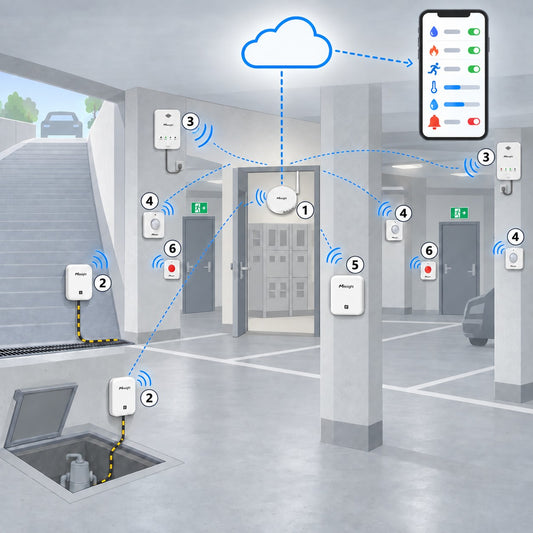 Kit autorimessa interrata: sicurezza e allagamento Litio Store: schema di installazione con dispositivi Milesight LoRaWAN