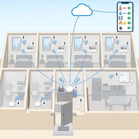 Kit B&B fino a 4 camere Litio Store: schema di installazione con dispositivi Milesight LoRaWAN