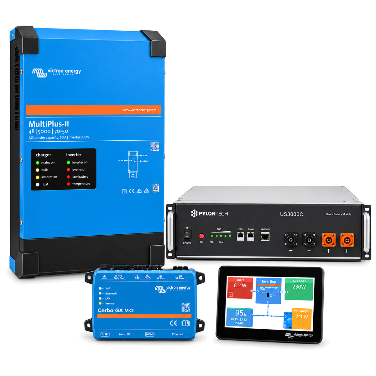 Kit backup casa con inverter caricabatterie Victron MultiPlus-II 48/5000, batteria Pylontech US3000C 3,55kWh, Cerbo GX MK2 e GX Touch 50